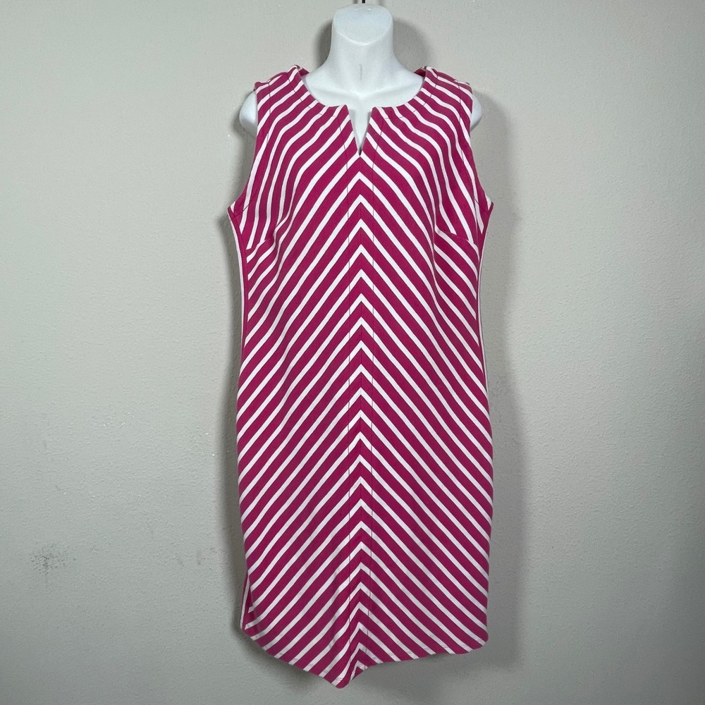 Talbots Sheath Dress Women L Workwear Pink White Chevron Stripe Ribbed Shift